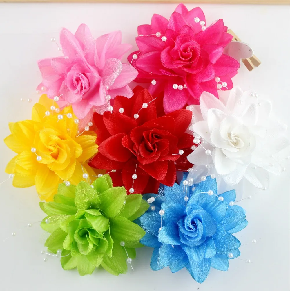 Handmade Fashion Hair Flower For Girls Bouquet Kids Solid Cute Flower With pearls for Baby Hair