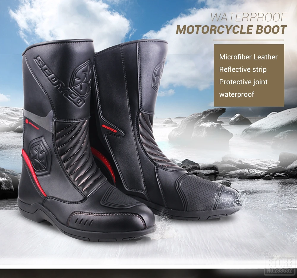 SCOYCO мотоциклетные ботинки мужские Водонепроницаемые кожаные ботинки мото ботинки для мотокросса защита мотоцикла длинные облегающие ботинки мотоциклетная обувь