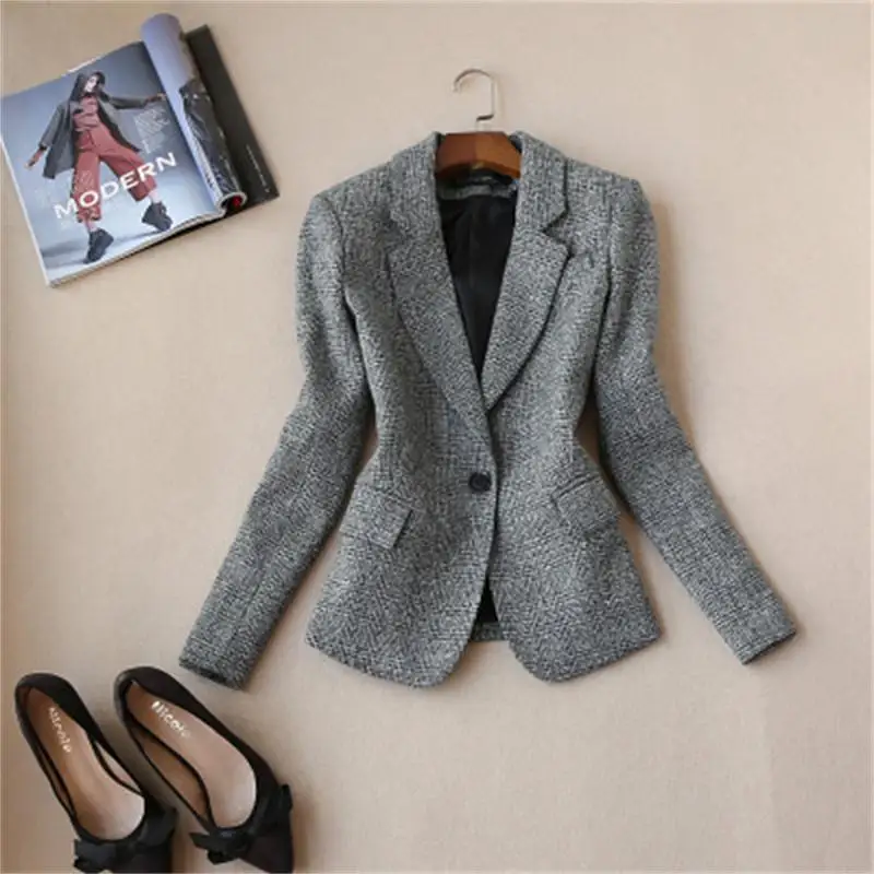 

New Plus Size Women Ladies Long Sleeve Work Wear Blazer Casual Female Outerwear Plaid Blazers Jackets Suit