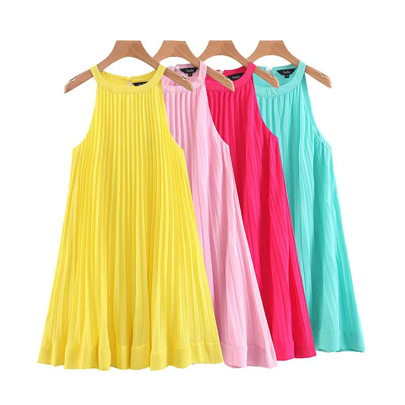 

Four Colors Solid Mini Dress Womens Sleeveless Spaghetti Straps Pleated Halter Casual Female A Line Dresses Summer Vestidos