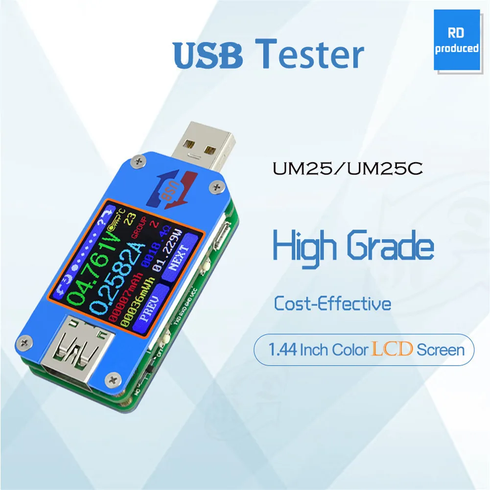 

New UM25C/ UM25 USB 2.0 Type- C Color LCD Tester Voltage Current Meter Voltmeter Ammeter Battery Charge Measure Cable Resistance