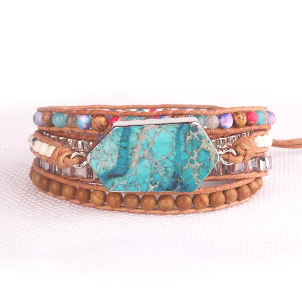 

Women boho bracelet Natural stone crystal mix Multi Color combos bracelet 5 Layers wrap Leather bracelet