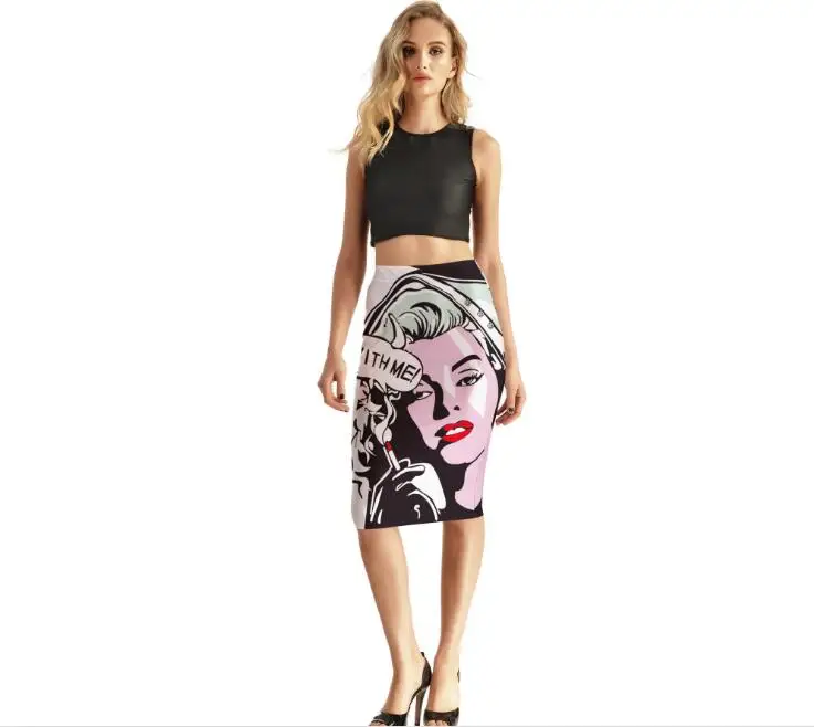 

Novelty painting print women casual skirts 2020 summer fashion design women comics vogue girl slim Middle skirt