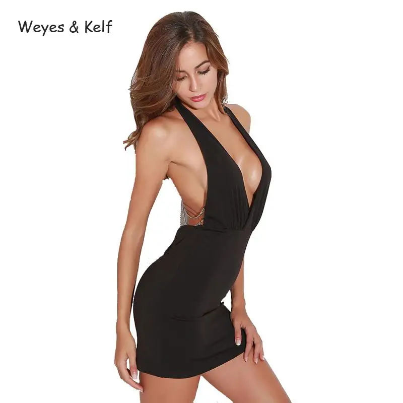 

Weyes & Kelf Black V-neck Chain Sexy Mini Dress 2018 Slim Package Hip Mini Dress Female Red Summer Bodycon Backless Dress Women