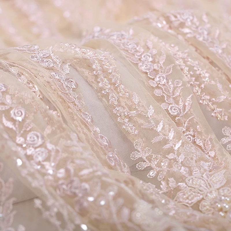 

130CM Wide 280G/M Weight Paillette Beading Champagne Color Acrylic Polyester Lace Fabric for Spring Summer Autumn Dress DE636