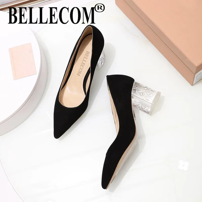 

BELLECOM 2019 spring and autumn new chunky shoes cashmere vamp shoes shallow mouth pointed crystal heel women's shoes