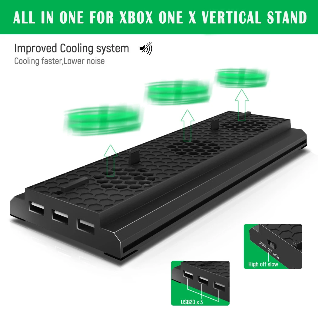 Tanie Podwójny kontroler stacja do ładowania dla Xbox One Xbox One S Xbox One X stacja ładująca akumulator pionowe stanowisko chłodzące przechowywanie gier