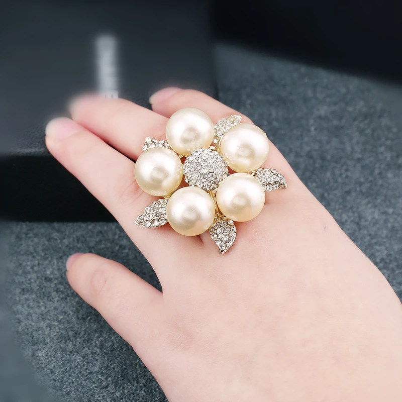 

Rainbery Silver Color Crystal Pearl Rings, Leaf Crystal Open Adjustable Big Pearl Rings, For Women Wedding Party Jewelry Gifts