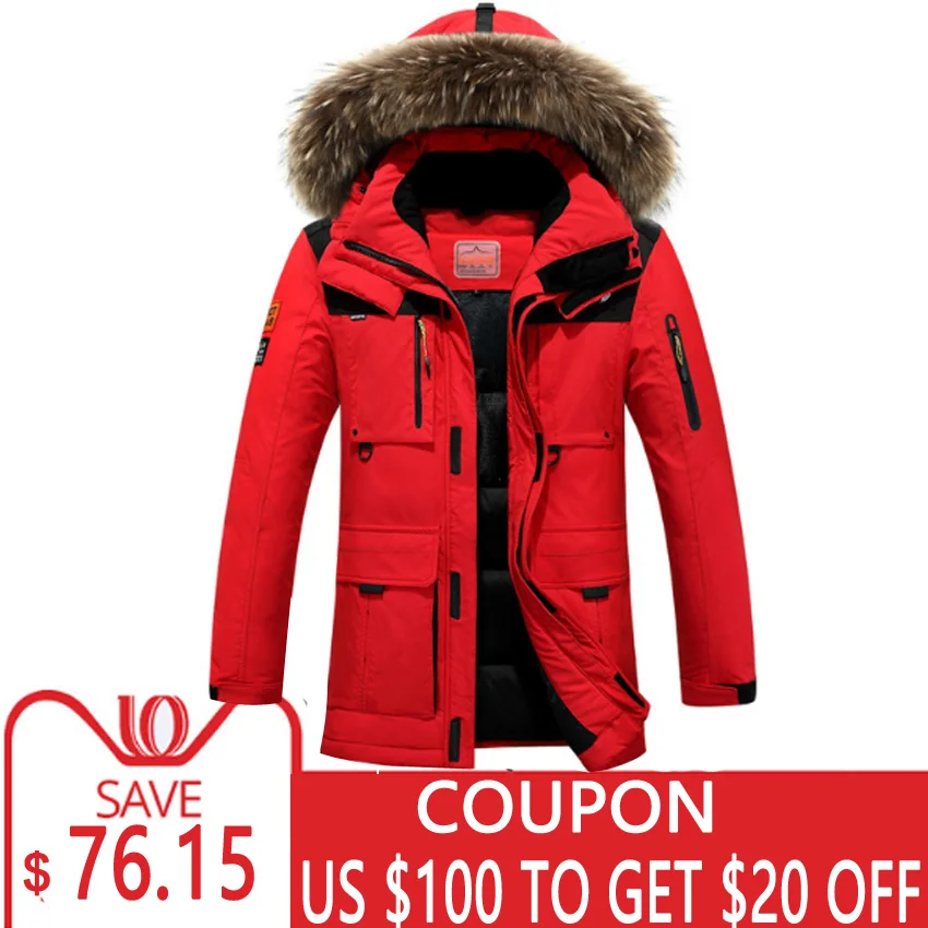 

4XL Red Thick Winter Jacket Men White Duck Down Coat Male Long Parka Trench Outerwear Hood Feather Fur Collar Warm Windbreaker