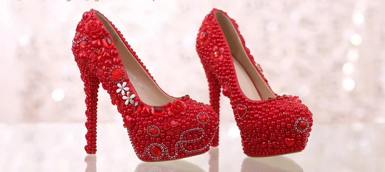 17_Pearl Diamond White Bridal Wedding Shoes Red Platform Super High Heels Woman Elegant Free Shipping Size 40