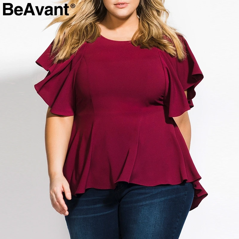 

BeAvant High waist peplum blouse shirt plus size Elegant ruffle womens tops and blouses O neck short sleeve shirt top female