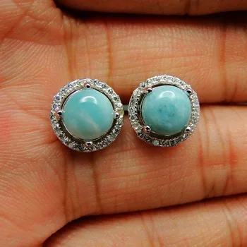

Natural Larimar Earring Fine Jewelry Stud Earring with 7mm Round Larimar 100% 925 Sterling Silver Jewelry for Women Nice Gift