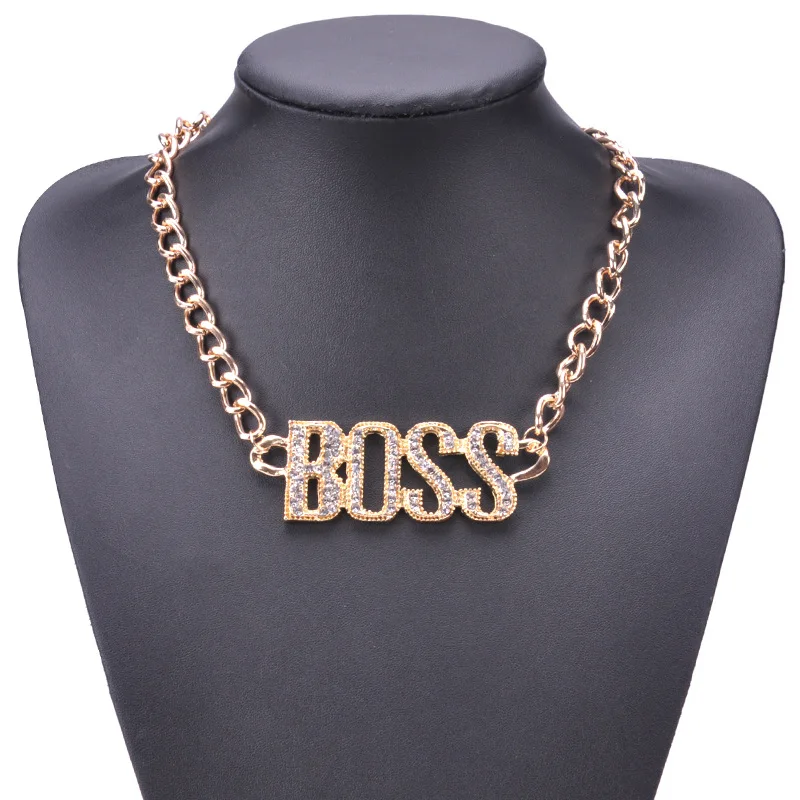 Панк кристальная буква Босс ожерелья с подвесками золотые серебряные цвета длинные кубинские цепи ожерелье хип хоп чокер ювелирные изделия для мужчин и женщин
