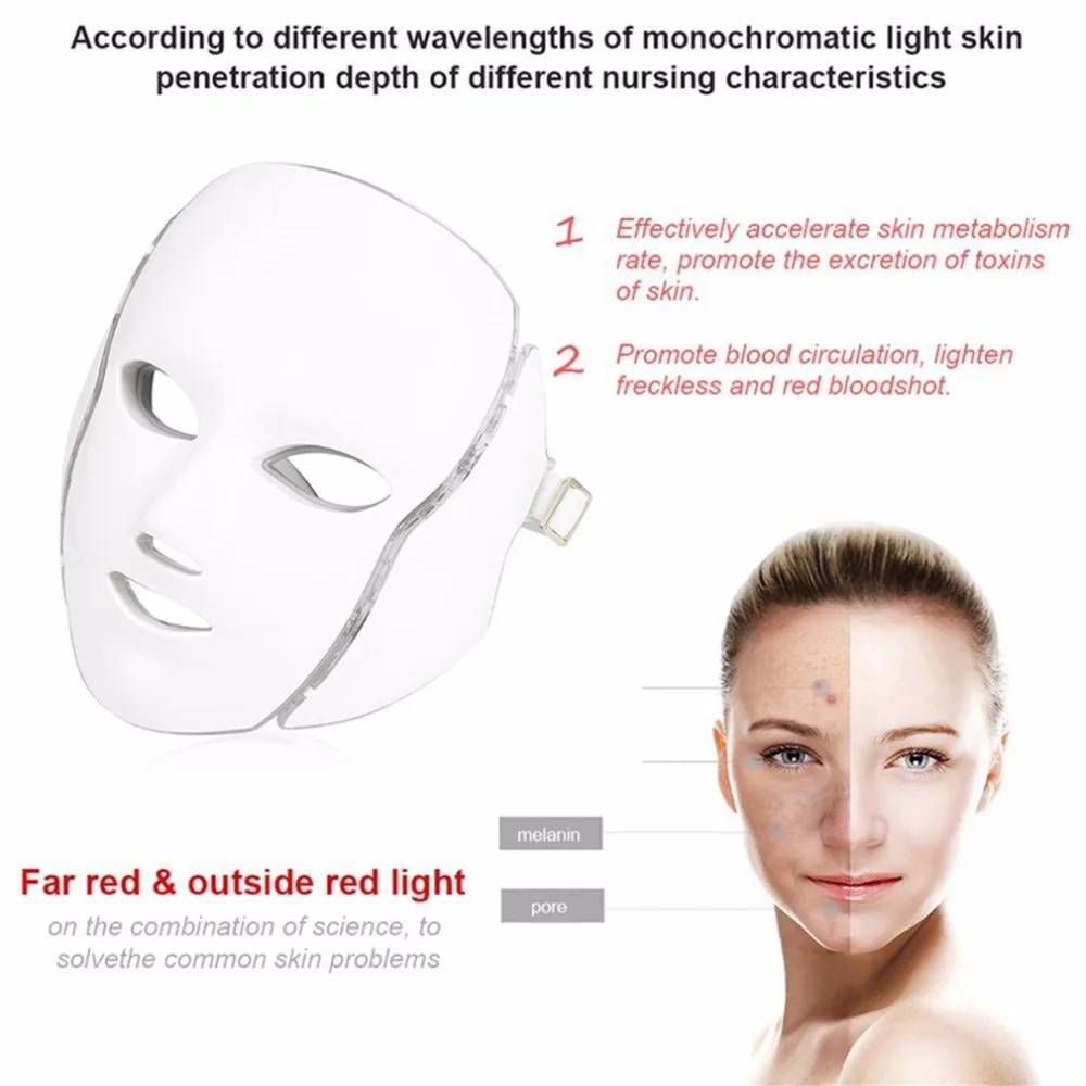 Светодиодный 7 Цвета свет микротоковая, для лица Устройство для приготовления маски Фотон терапия по омоложению кожи маска для лица и шеи отбеливание электрические устройства