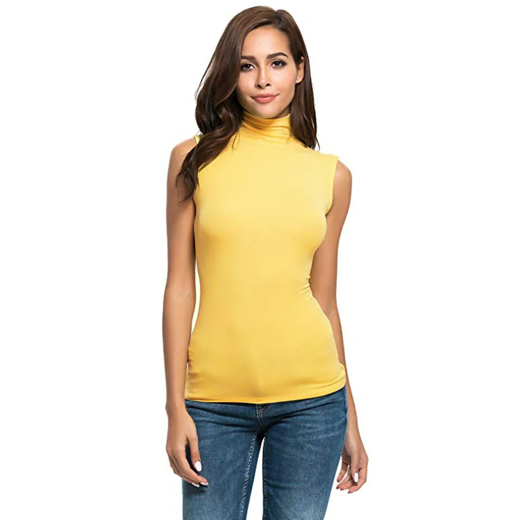 

Fashion Sleeveless Solid tops basic Bottoming Tee Shirt Women Slim Fit Turtleneck T shirt Spring summer autumn daily T- Shirt