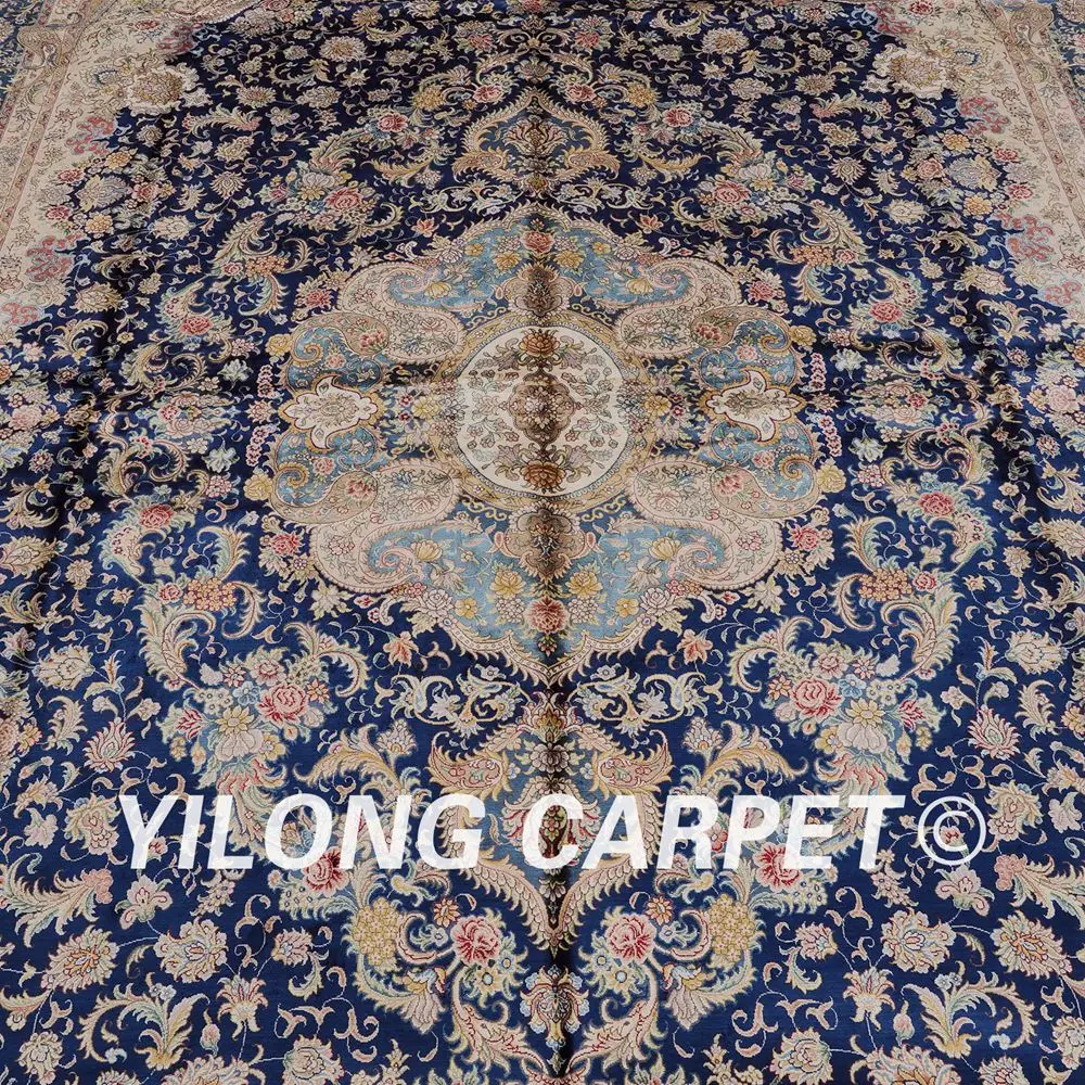 Yilong 10'x14' Восточный шелк ковры Традиционный персидский медальон дизайн большой синий шелковый ковер ручной работы (SL125A10x14)