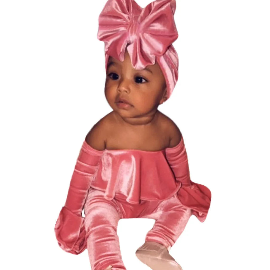 MUQGEW 2Pcs Summer Toddler Baby Girl Off Shoulder Romper Flare Sleeve Velvet Pink Jumpsuits