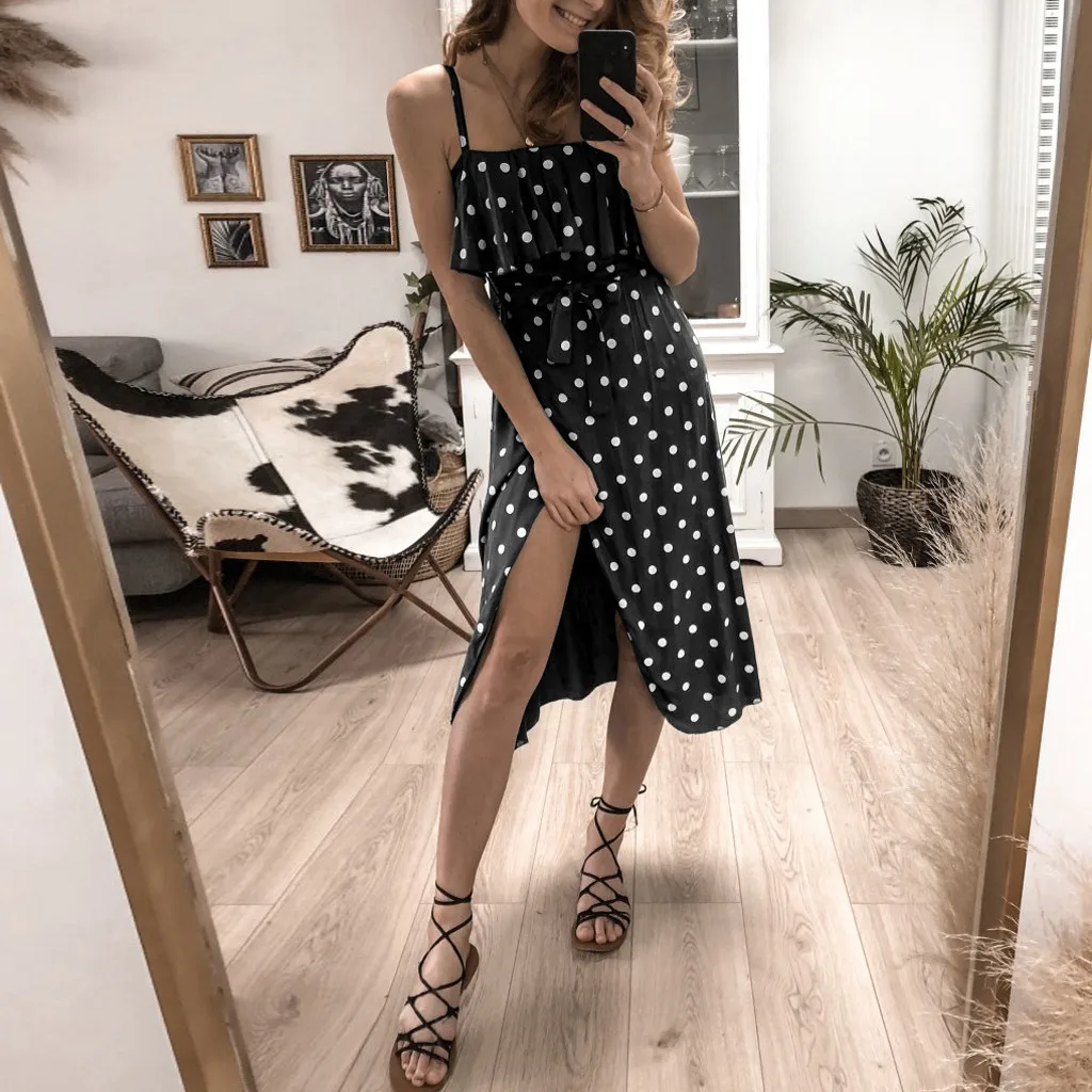 

2019 Women knee-length Dress Dot Print Dress Sexy Strappy Off Shoulder Ruffles Lace Up Dress Vintage
