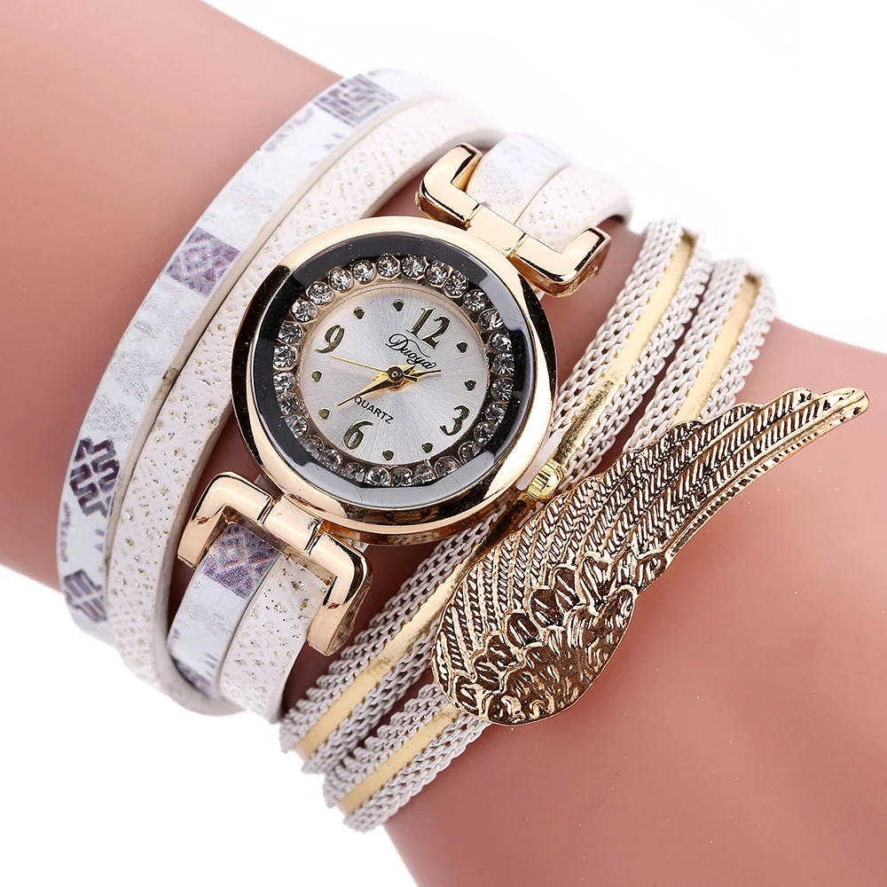 

Duoya Brand Watches Women Dress Wing Feather Pendant Gold Luxury Butterfly Bracelet Lady Wristwatches Gift Quartz Watch, D135