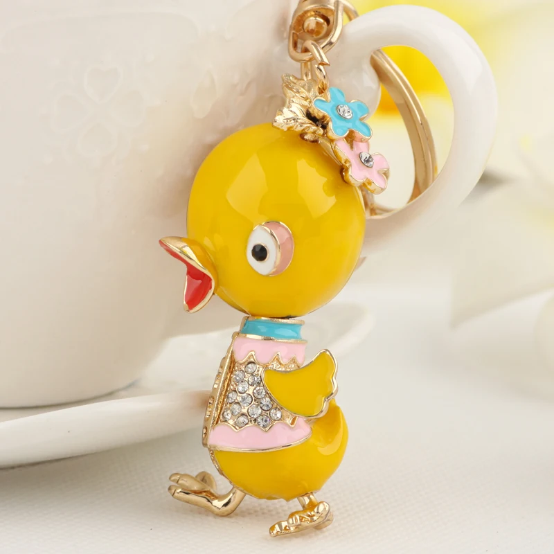New Cute Rhinestone Yellow Duck Key chains Ring Fashion Crystal Animal