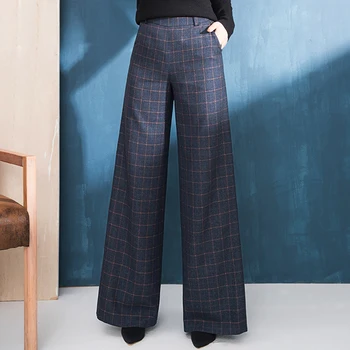 

ACRMRAC Women casual pants Autumn And Winter High waist pants Slim Plaid wool Wide leg pants Full Length Pants Women