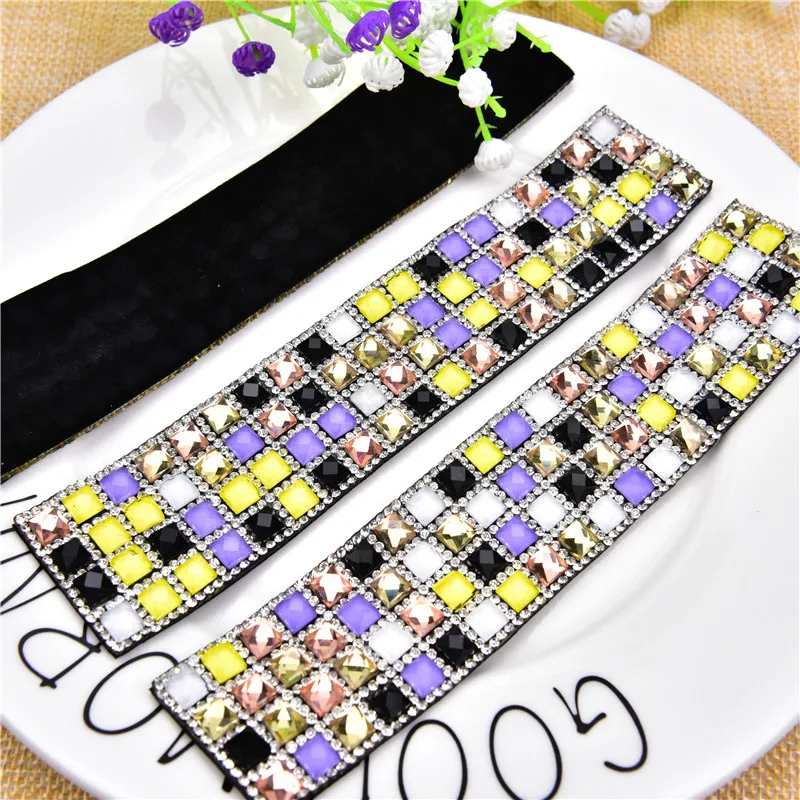 

1pcs sew on mix color square rhinestone trim crystal sheet beaded applique iron on strass mesh ribbon banding for diy decoration