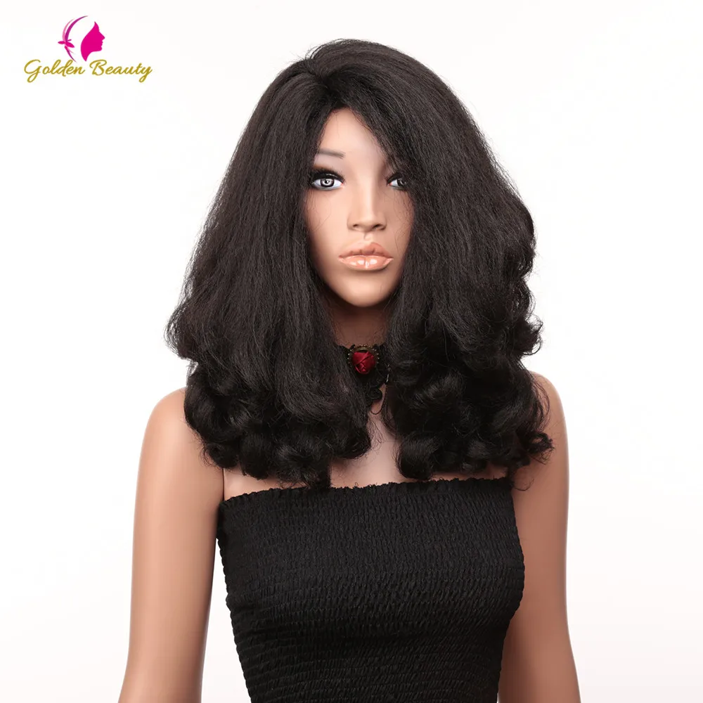 20" Long Kinky Straight Wig Synthetic Afro Wig Black Natural End Wavy
