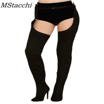 

MStacchi New Rihanna Flock High Boots Winter Over Knee Fashion Heeled Boots Strap Solid Pointed Toe Square Heel Zip Rubber Boots