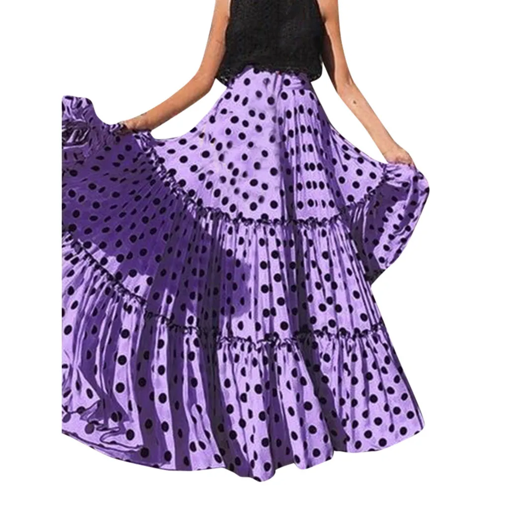 Разноцветные Летние юбки, женская модная юбка в горошек с высокой талией, Свободные плиссированные юбки макси, длинные юбки 25 - Цвет: Purple