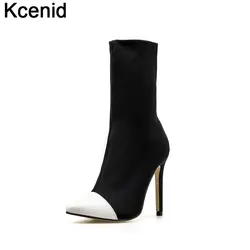 Kcenid 2018 новые женские растягивающиеся сапоги с острым носком Носок сапоги осень эластичная обувь без шнуровки Обувь на высоком каблуке