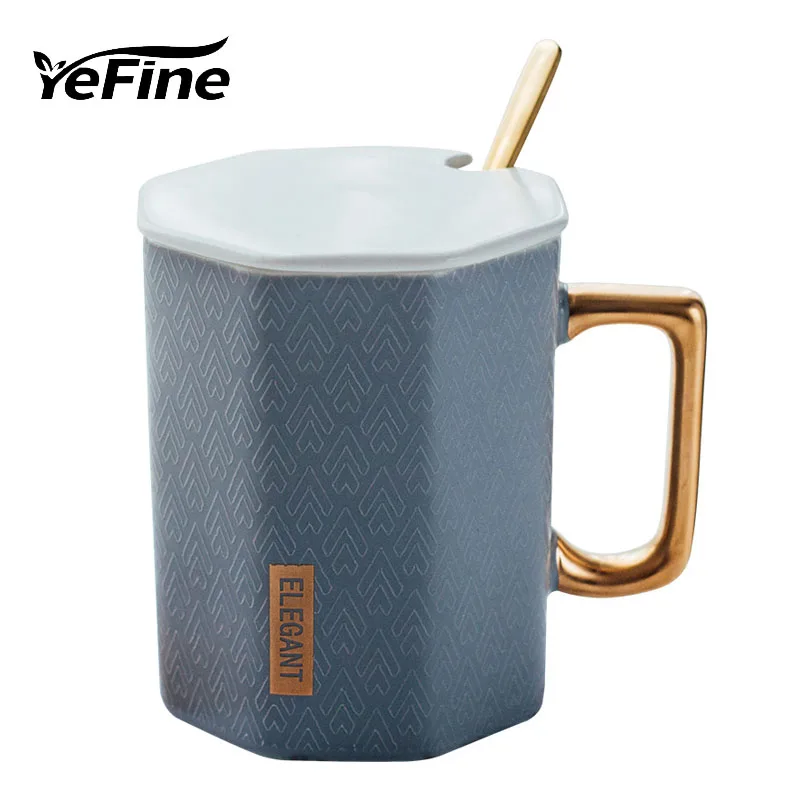 YeFine креативная керамическая кофейная кружка в форме бриллианта Золотая рука элегантная молочная чашка с крышкой и ложкой модная офисная чайная чашка из фарфора
