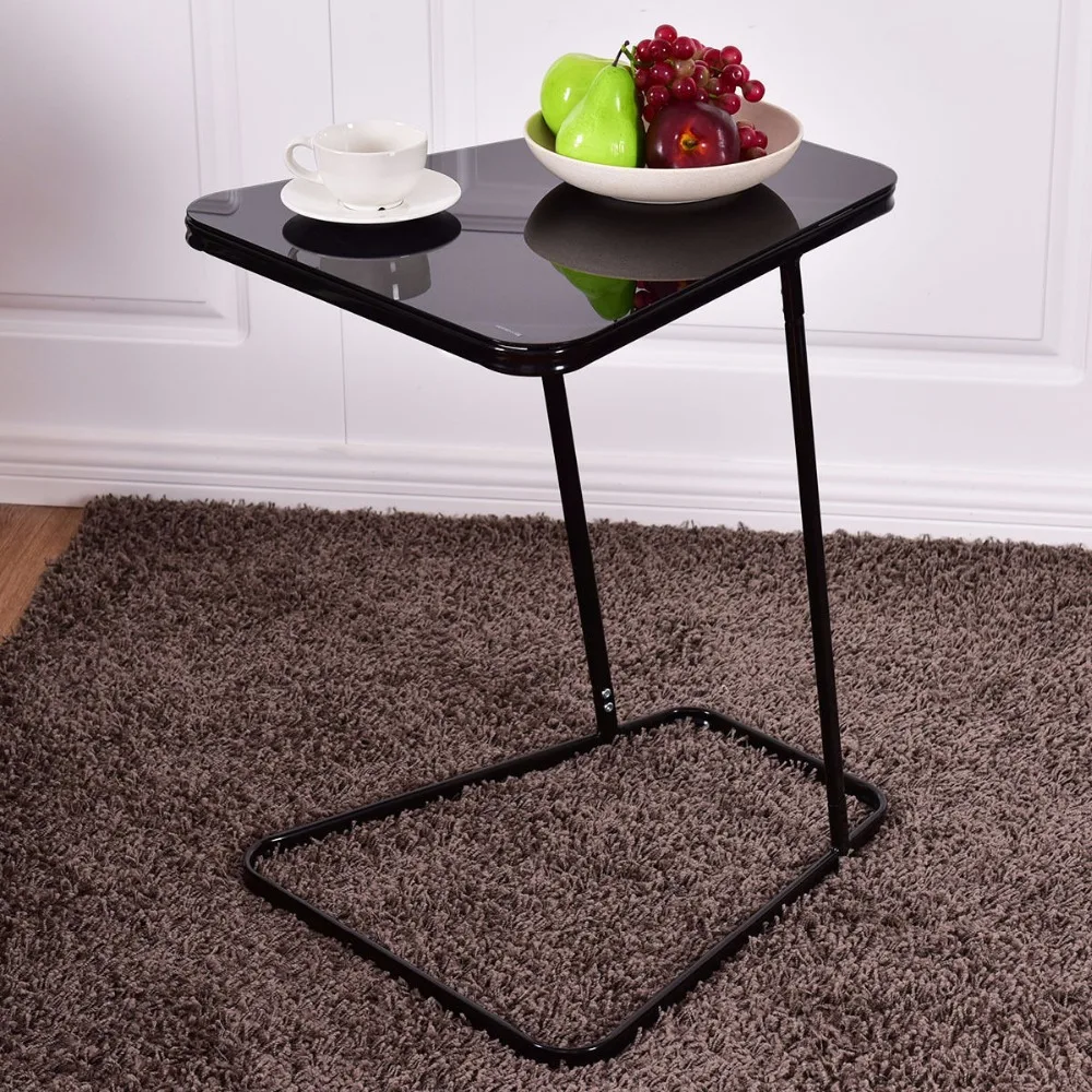 Goplus Modern Glass Top End Table Accent Side Snack Coffee Sofa Table Portable Black C Shape Home Steel Coffee Table HW56084