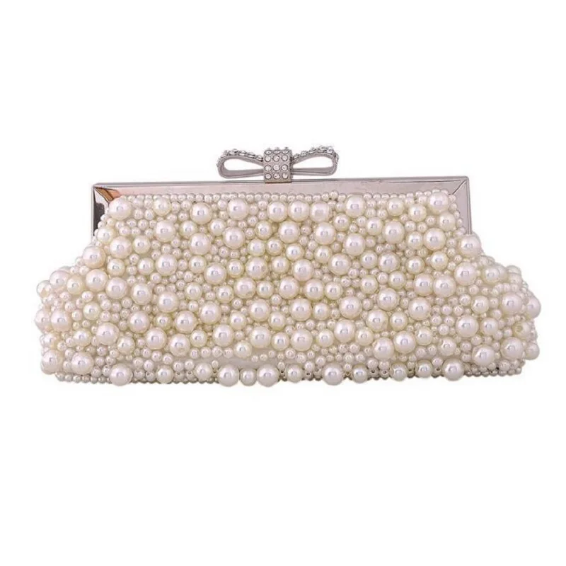 Women Party Handmade White Pearl Clutch Bag Bow Bridal Wedding Beaded