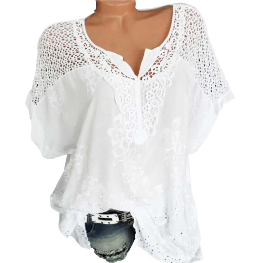 Женская Белая Летняя Блузка с круглым вырезом и коротким рукавом, однотонная Повседневная Блузка, топ, большие размеры, кружевная блузка, рубашка, женская одежда#38 - Цвет: White