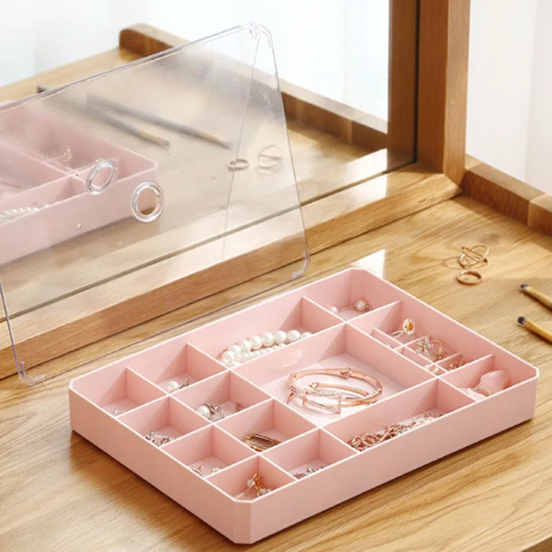 1 Pcs Simple Multi-grid Makeup Organizer Jewelry Storage Box Finishing With Lid Visible Square Earrings Ring Box Organizador