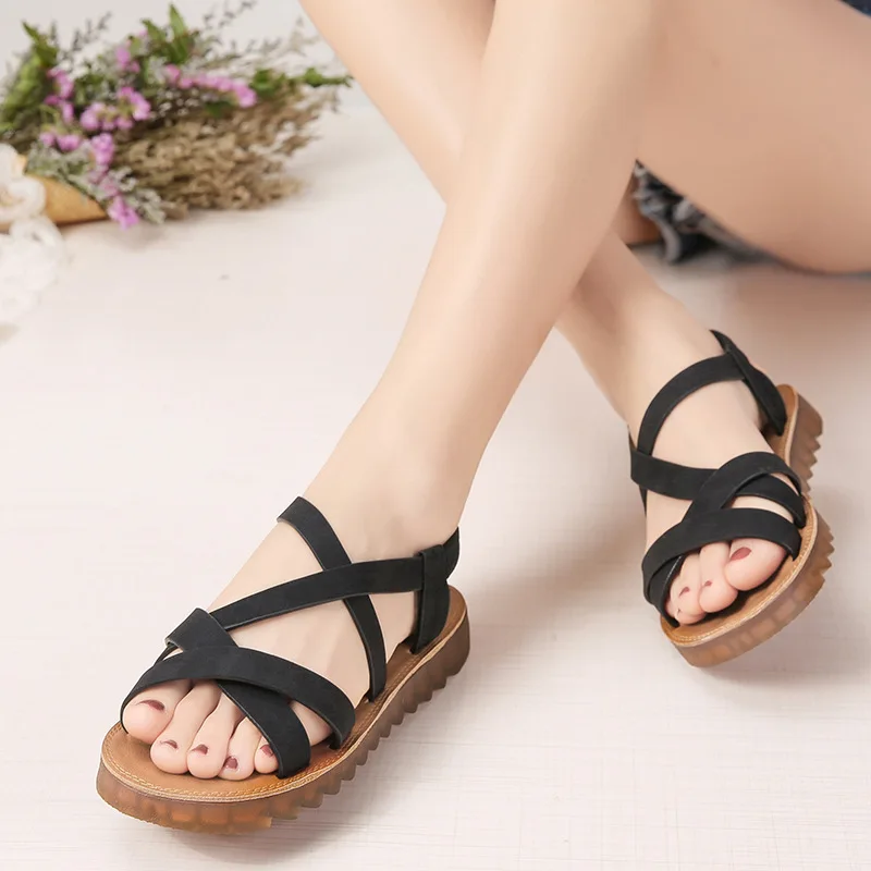 

Women Ladies Artificial Leather Women Sandals 2018 New Fashion Cross Strap Flat Ankle Roman Shoes