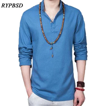 

Chinese Style Pure Linen Shirts Retro Stand Collar Loose Natural Linen Shirt Cotton Long Sleeve Linen Shirt Large Size XXXL