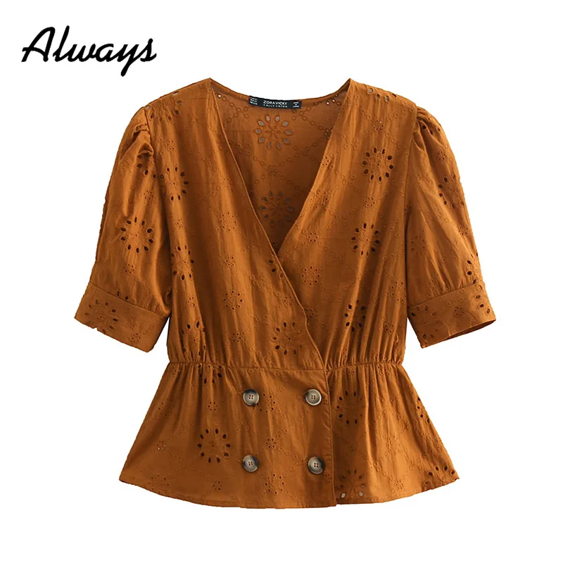 Alwayss женская летняя Элегантная блузка с v-образным вырезом и цветочной вышивкой из хлопка Женская блузка