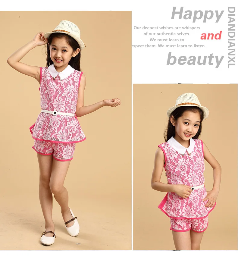 4-13Y Fashion Girls Clothes Set 2018 Summer Lace Flower Kids Outfit Girl Sleeveless Top Shorts Belt 3Pcs Suits Children Clothing (11)