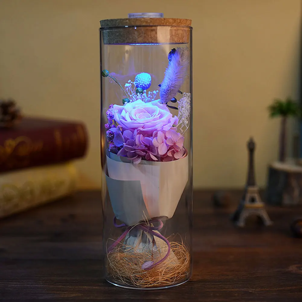 

Luminous Floral Decor Rose Glass Cover Preserved Fresh Flower LED 5 Color Birthday Ornamental Decoration Mother'S Day