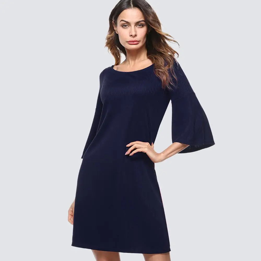 Женское повседневное однотонное Цельнокройное платье, элегантное винтажное платье с расклешенными рукавами, прямое женское платье HT017 - Цвет: Dark Blue