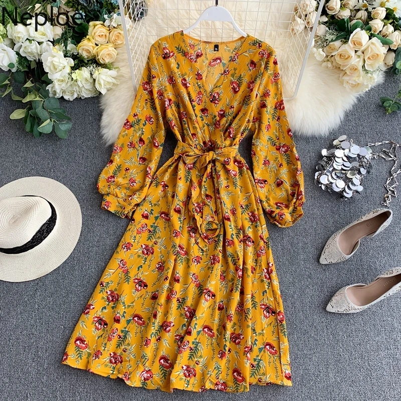 

Neploe Women Spring Dresses Fashion Floral Print Puff Sleeve Dress Vestidos Casual V Neck Tunic Bandage A-line Dress Long Robe