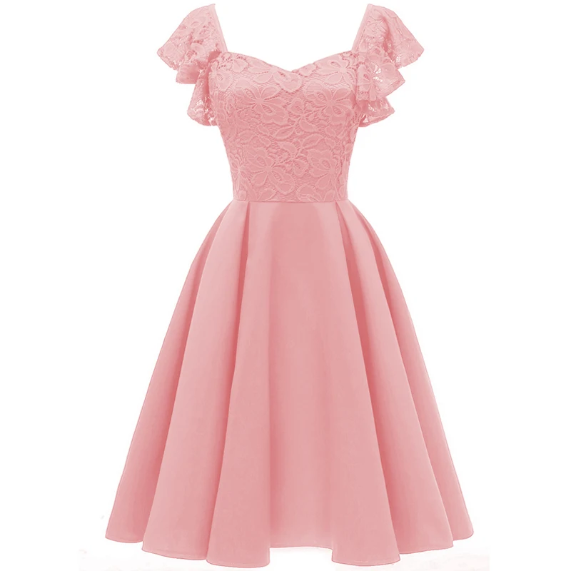 

Vintage 1950s Women Lace Party Dress V-neck Sleeveless Ruffles Back Zipper Elegant Midi Dresses Female High Waist A-Line Dress