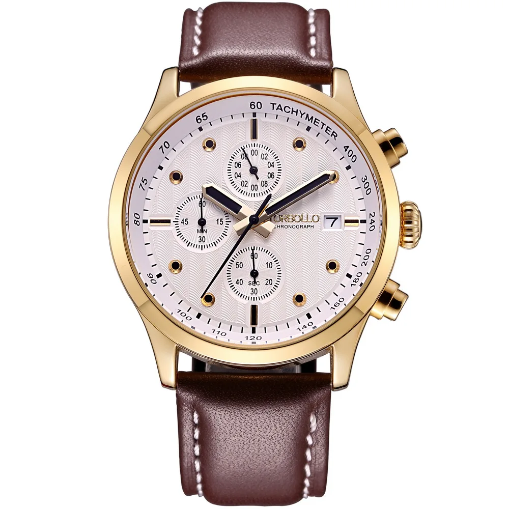 

High Quality Original Brand Leather Dress Mens Watch Men Gold Chronograph Hours Water Resistant