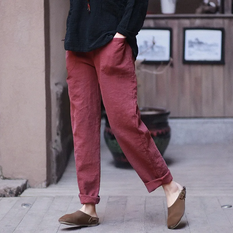 Elastic waist Cotton Linen Women Harem Pants Summer Loose