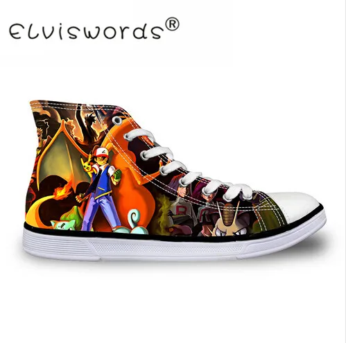

ELVISWORDS Boys Shoes Japanese Anime Printing Canvas Shoe High Top Flat Shoe Lace Up Footwear Pokemon Pattern Vulcanize Man Shoe