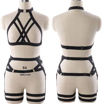 

BODY HARNESS Bondage Bra Black Pentagram Elastic Garter Belt Set adjust Strap Lingerie Punk Goth Halloween Dance Wear for Women