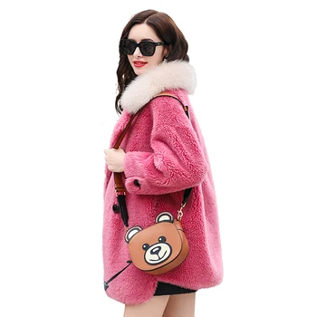 

Autumn Winter Jacket Women Clothes 2018 Real Fur Coat Fox Fur Collar 100% Wool Coat Korean Vintage Pink Slim Short Coats ZT1342