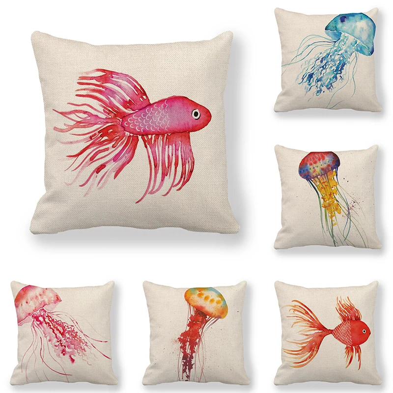 

45cm*45cm Cushion cover Goldfish and jellyfish design linen/cotton pillow case sofa and Home decorative pillow cover