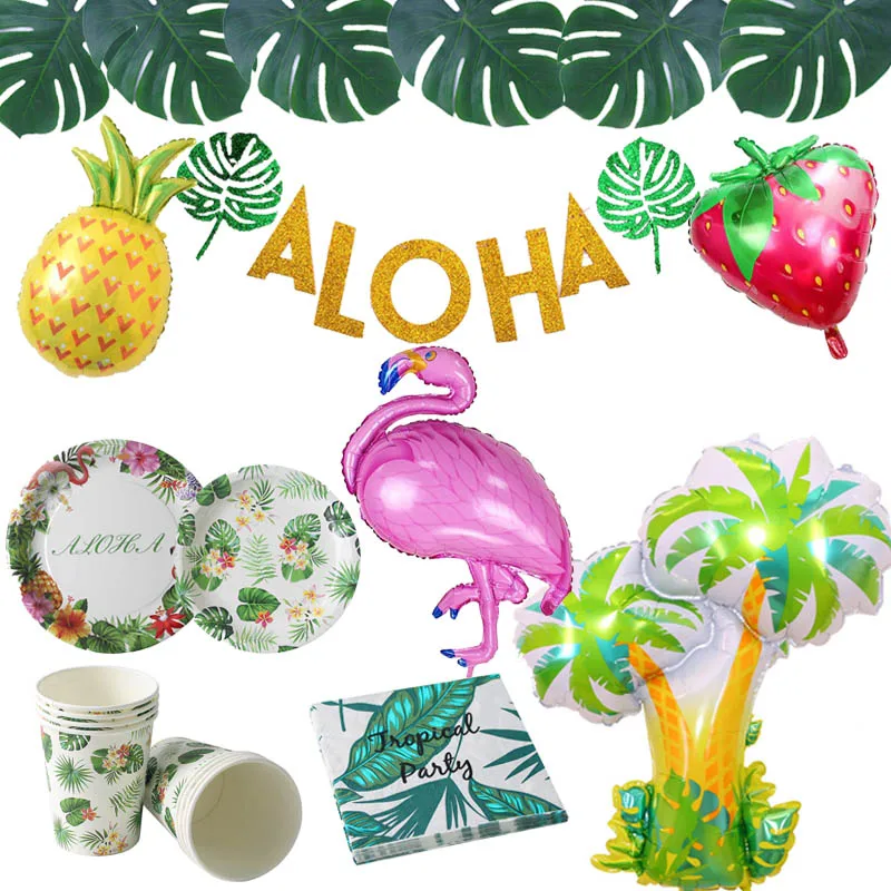 

Summer Tropical Party Decorations "ALOHA" Tableware Hawaii Kids Birthday Luau Party Supplies Napkin Flamingo Fruit Balloons